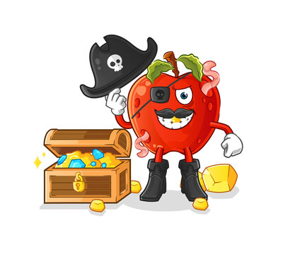 apple with worm pirate with treasure mascot. cartoon vector