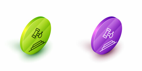 Isometric line Female rights icon isolated on white background. Female power. Green and purple circle buttons. Vector