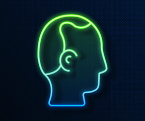 Glowing neon line Baldness icon isolated on blue background. Alopecia. Vector