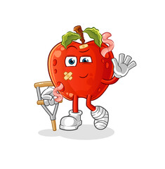 apple with worm sick with limping stick. cartoon mascot vector