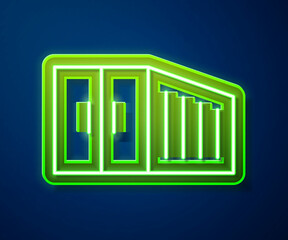 Fototapeta premium Glowing neon line Container icon isolated on blue background. Crane lifts a container with cargo. Vector