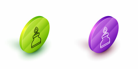 Isometric line Alcohol or spirit burner icon isolated on white background. Chemical equipment. Green and purple circle buttons. Vector