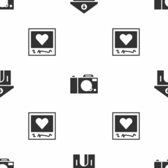 Set Church building, Photo camera and frames and hearts on seamless pattern. Vector