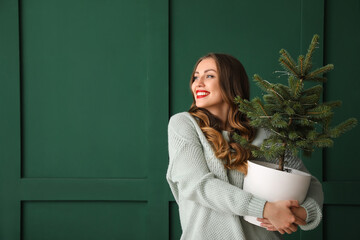 Young woman holding flowerpot with Christmas tree near green wall