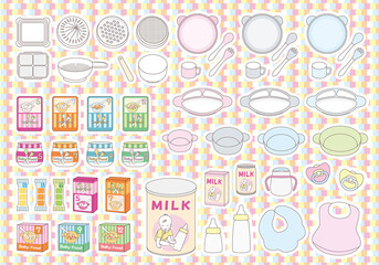 赤ちゃんとの暮らし　赤ちゃん用品、カラフル、可愛い、ベビーフード、食器、ミルク、白い縁付き