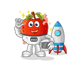 apple with worm astronaut waving character. cartoon mascot vector