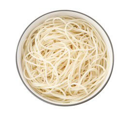Bowl of tasty cooked rice noodles isolated on white, top view