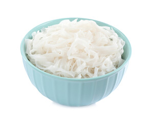 Bowl of tasty cooked rice noodles isolated on white