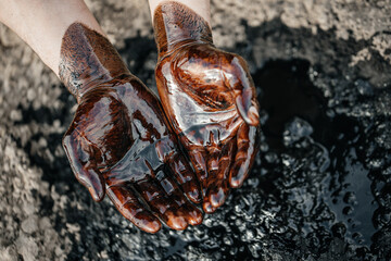 Crude oil in hand due to a fuel oil leak. Process of oil refining. Folded cups of hands with fuel...
