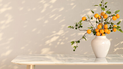 3D render of beautiful Chinese orange bouquet in ceramic vase on table with morning sunlight and leaves shadow on blank beige wall in background with empty space banner for products mockup.