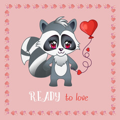 Cute Racoon with a balloon for St. Valentine postcard.