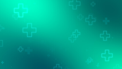 Medical health blue green cross neon light shapes pattern background. Abstract healthcare technology and science concept.