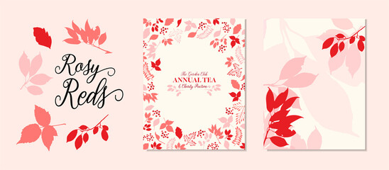 Floral nature background, flower leaves and tree branches, wedding invitation design, rosy red and pink border on stationery paper or sign vector, eps 10