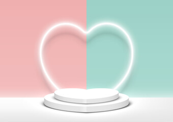 Stage podium heart shape decorated with neon lighting. Pedestal scene with for product display on pink and green pastel background. Vector illustration.