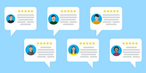User feedback icon. Online review sign. Rating customer. Social message. Blue backdrop. Vector illustration. Stock image.  - obrazy, fototapety, plakaty