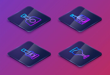 Set Isometric line Tequila bottle, Whiskey, Beer and beer can and Wine glass. Blue square button. Vector