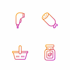 Set line Coffee jar bottle, Shopping basket, Scanner scanning bar code and Salami sausage. Gradient color icons. Vector