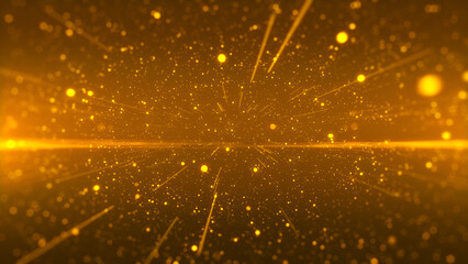 golden particles shining stars dust bokeh glitter awards dust flare abstract background. Futuristic glittering in space on black background.