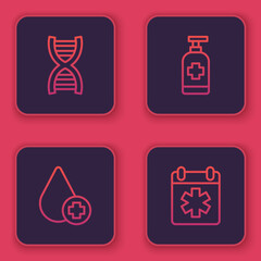 Set line DNA symbol, Donate drop blood, Antibacterial soap and Doctor appointment. Blue square button. Vector