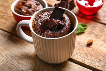 Cup with tasty chocolate brownie on wooden background