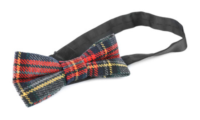 Stylish tartan bow tie isolated on white