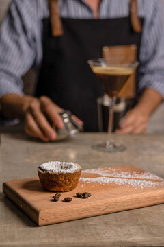 Classy bartender espresso cocktail drink white foam coffee bean. Barist