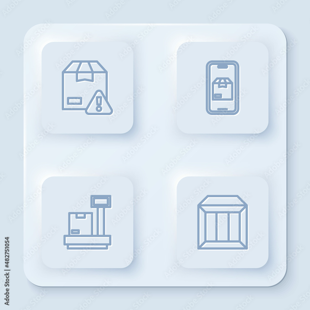 Poster Set line Delivery security with shield, Mobile app delivery tracking, Scale cardboard box and Carton. White square button. Vector