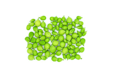 Fresh green peas isolated on a white background. Top view