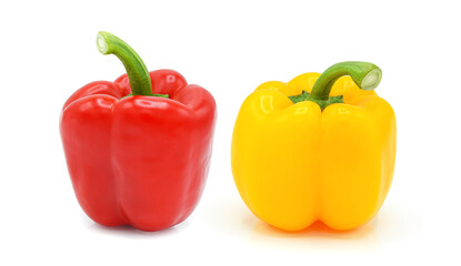Whole red yellow bell pepper isolated on white background.