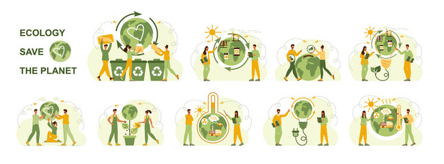 Ecology set. Concept eco, save planet, waste sorting, global warming, climate change, alternative energy - solar battery, windmill. Save the environment and planet earth. Flat vector illustration