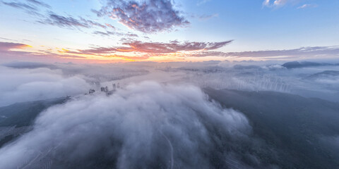 Panorama aerial view of Hong Kong city from sky 