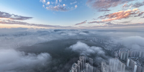 Panorama aerial view of Hong Kong city from sky 
