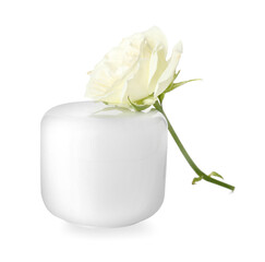 Jar with natural cosmetic cream and rose flower isolated on white background