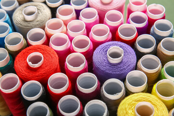 Closeup view of different thread spools