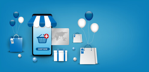 Online shopping. Digital technology m-commerce on smartphone application store. Mobile, Credit card, gift box, balloon, bag,  basket with hand-selected. Blue background concept. Vector illustrator gra