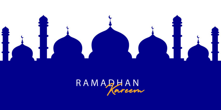 a silhouette of the mosque for ramadan theme design in blue. an editable illustration of minimalist template for creative background design.