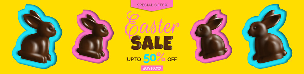 easter sale banner  design with 3d chocolate rabbits bunny figures  on yelllow background vector illustration