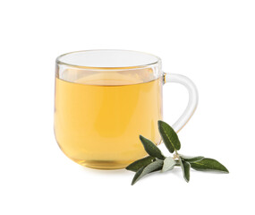 Cup of aromatic sage tea and fresh leaves on white background