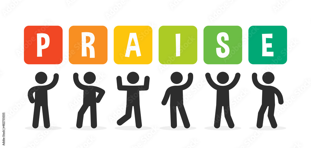 Poster people standing and showing colorful text praise banner.
