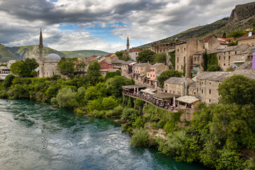 Koski Mehmed Mosque and Neretva river in famous Mostar town, Bosnia and Herzegovina