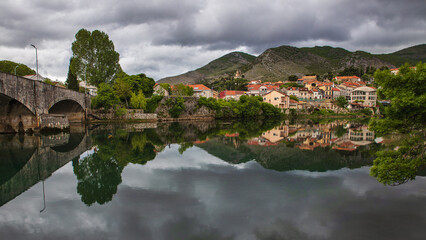 View at Old town of Trebinje and Trebisnjica river with beautiful reflections, Bosnia and Herzegovina
