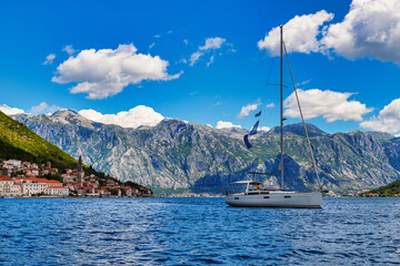 View of the yacht and old town Perast in Kotor Bay, Montenegro