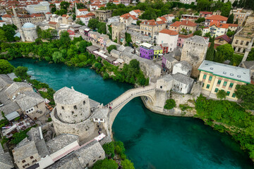 Aerial view of the old bridge of Mostar, famous touristic destination in Bosnia and Herzegovina © Dmitrii