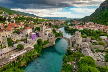 Aerial view of the old bridge of Mostar, famous touristic destination in Bosnia and Herzegovina