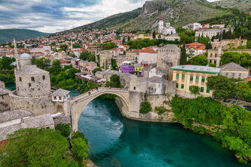 Fototapeta na wymiar Aerial view of the old bridge of Mostar, famous touristic destination in Bosnia and Herzegovina