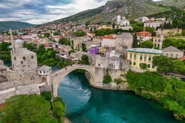Poster Aerial view of the old bridge of Mostar, famous touristic destination in Bosnia and Herzegovina
