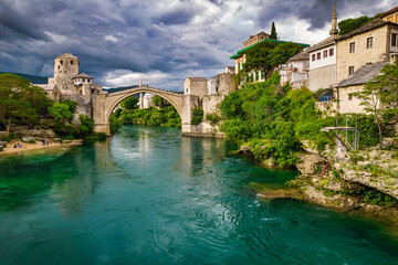 Aerial view of the old bridge of Mostar, famous touristic destination in Bosnia and Herzegovina