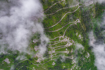Aerial view on the serpentine road in the national park Lovcen in Montenegro