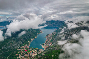 Aerial view of Kotor Bay from above the clouds, Montenegro