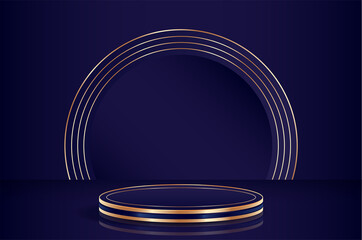 3d render abstract platforms with golden, dark blue shapes and curtains. Geometric figures in modern minimal design. Realistic mock up for promotion, banners background, product show.